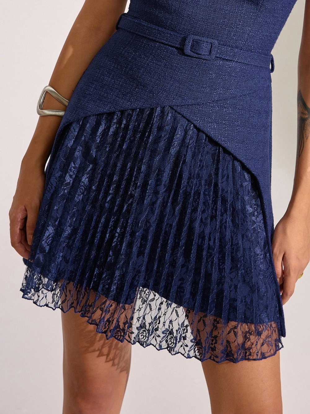 Commense Navy Textured Sleeveless Mini Dress with Lace Pleat - Picture 2 of 4